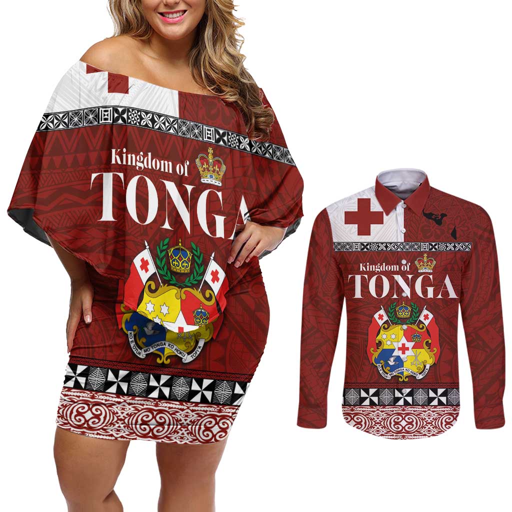 Tongan Culture Couples Matching Off Shoulder Short Dress and Long Sleeve Button Shirt Ngatu Art Tattoo and Emblem of Tonga LT03 Red - Polynesian Pride
