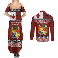 Tongan Culture Couples Matching Summer Maxi Dress and Long Sleeve Button Shirt Ngatu Art Tattoo and Emblem of Tonga