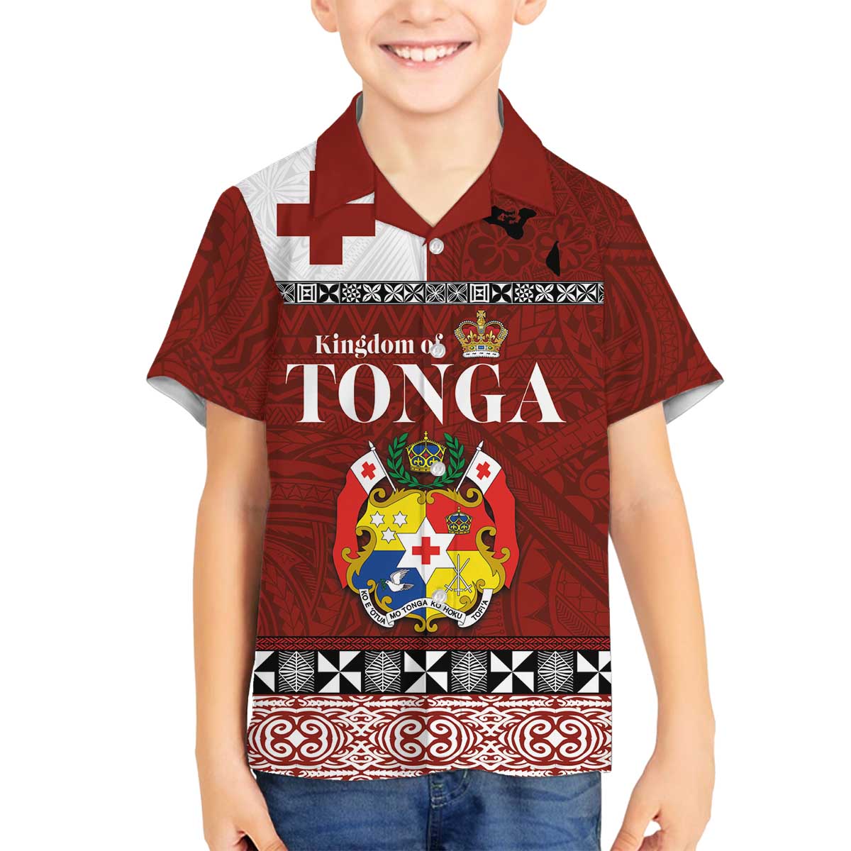 Tongan Culture Family Matching Off The Shoulder Long Sleeve Dress and Hawaiian Shirt Ngatu Art Tattoo and Emblem of Tonga LT03 Son's Shirt Red - Polynesian Pride