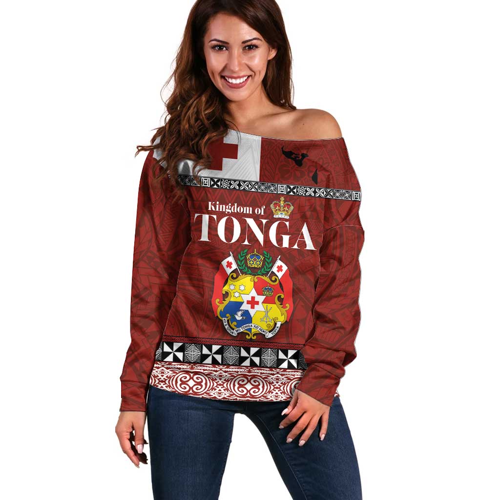 Tongan Culture Off Shoulder Sweater Ngatu Art Tattoo and Emblem of Tonga LT03 Women Red - Polynesian Pride