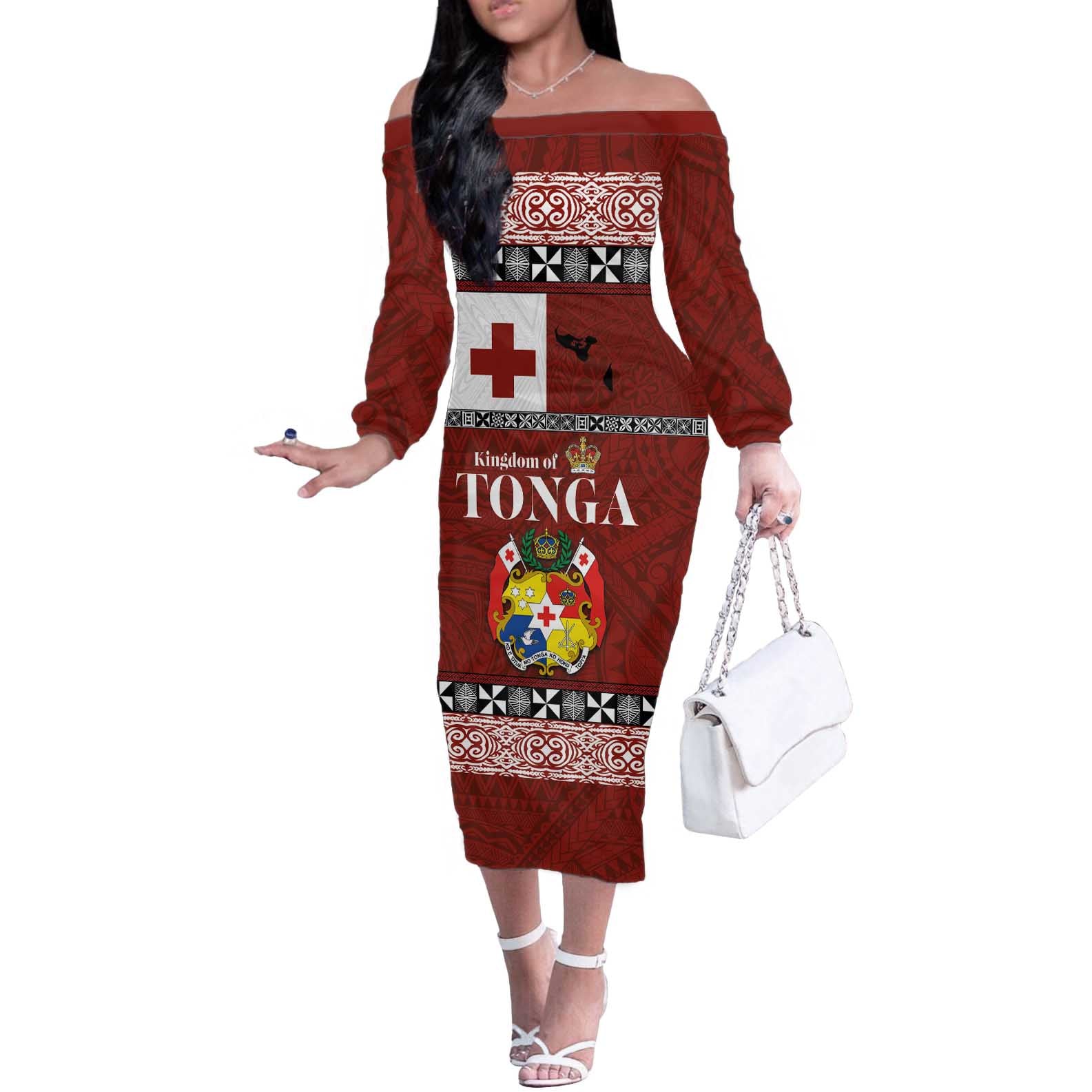Tongan Culture Off The Shoulder Long Sleeve Dress Ngatu Art Tattoo and Emblem of Tonga LT03 Women Red - Polynesian Pride