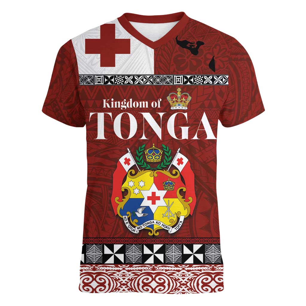 Tongan Culture Women V-Neck T-Shirt Ngatu Art Tattoo and Emblem of Tonga LT03 Female Red - Polynesian Pride