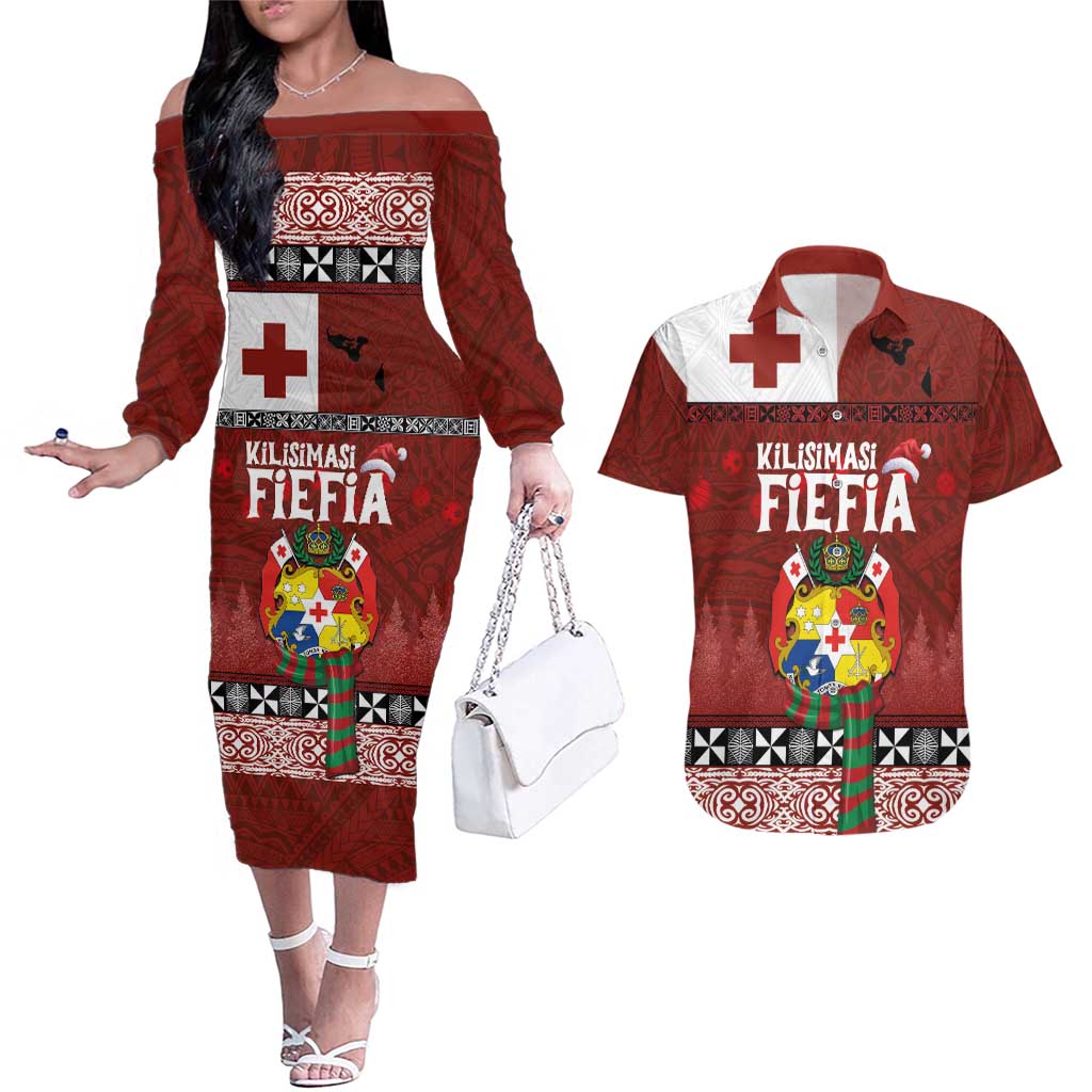 Tongan Christmas Couples Matching Off The Shoulder Long Sleeve Dress and Hawaiian Shirt Kilisimasi Fiefia with Ngatu Art Tattoo LT03 Red - Polynesian Pride