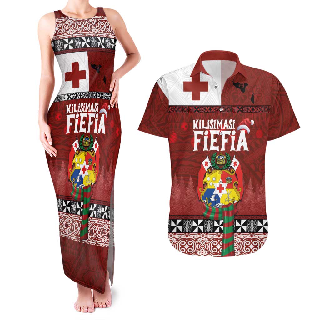 Tongan Christmas Couples Matching Tank Maxi Dress and Hawaiian Shirt Kilisimasi Fiefia with Ngatu Art Tattoo LT03 Red - Polynesian Pride