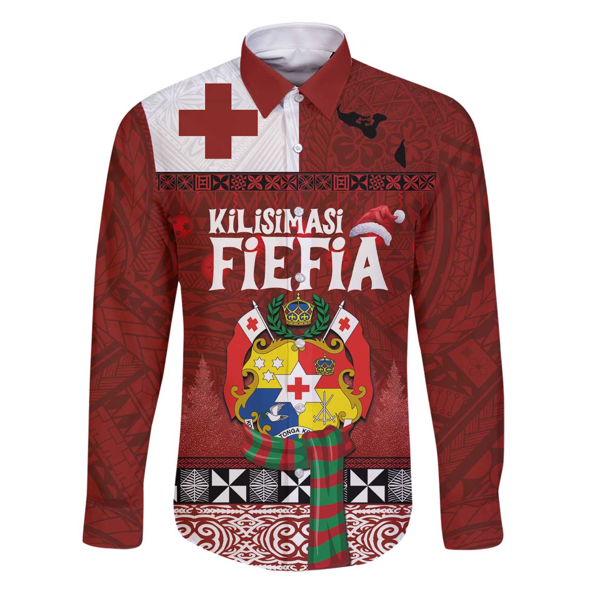 Tongan Christmas Family Matching Off The Shoulder Long Sleeve Dress and Hawaiian Shirt Kilisimasi Fiefia with Ngatu Art Tattoo LT03 Dad's Shirt - Long Sleeve Red - Polynesian Pride