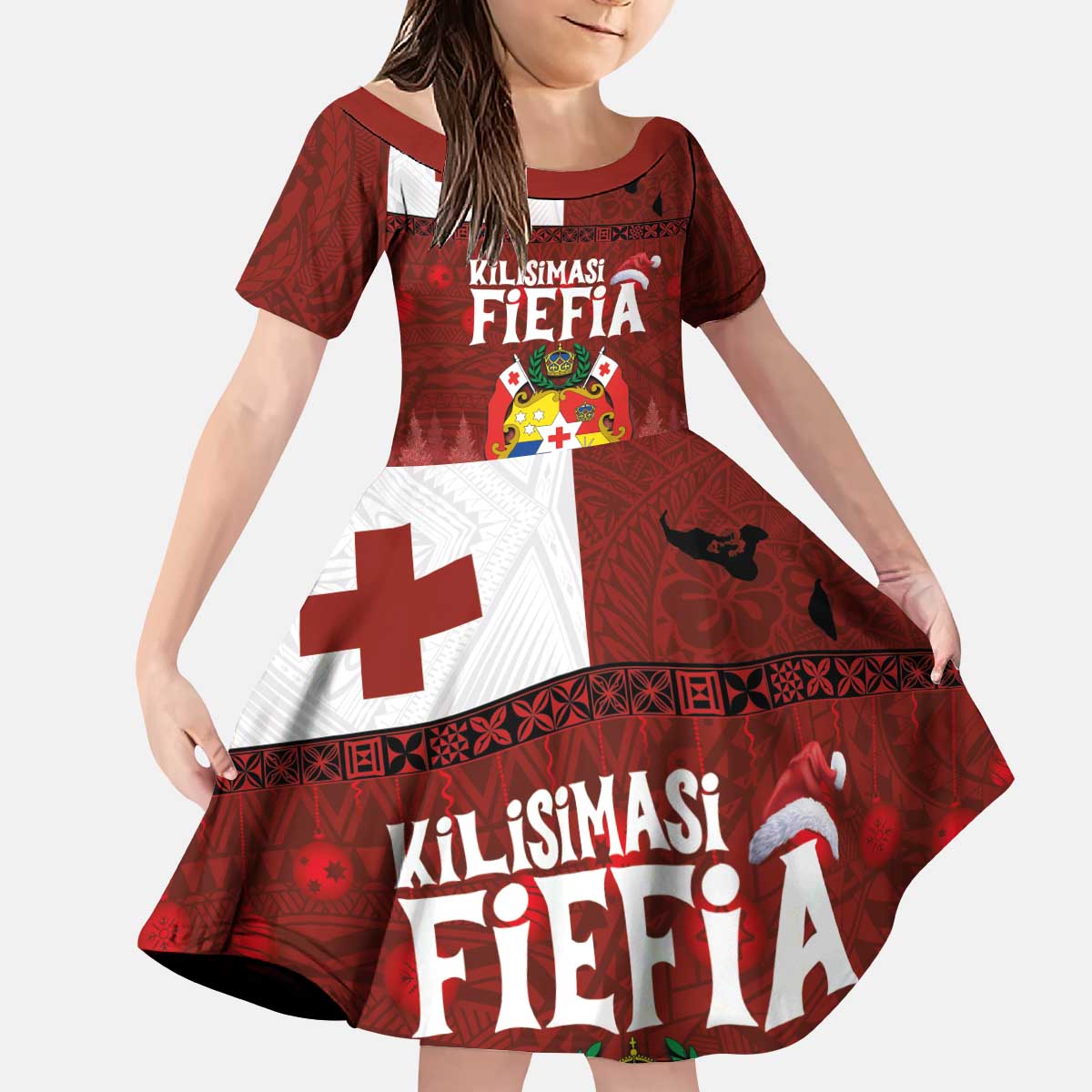 Tongan Christmas Kid Short Sleeve Dress Kilisimasi Fiefia with Ngatu Art Tattoo LT03 KID Red - Polynesian Pride