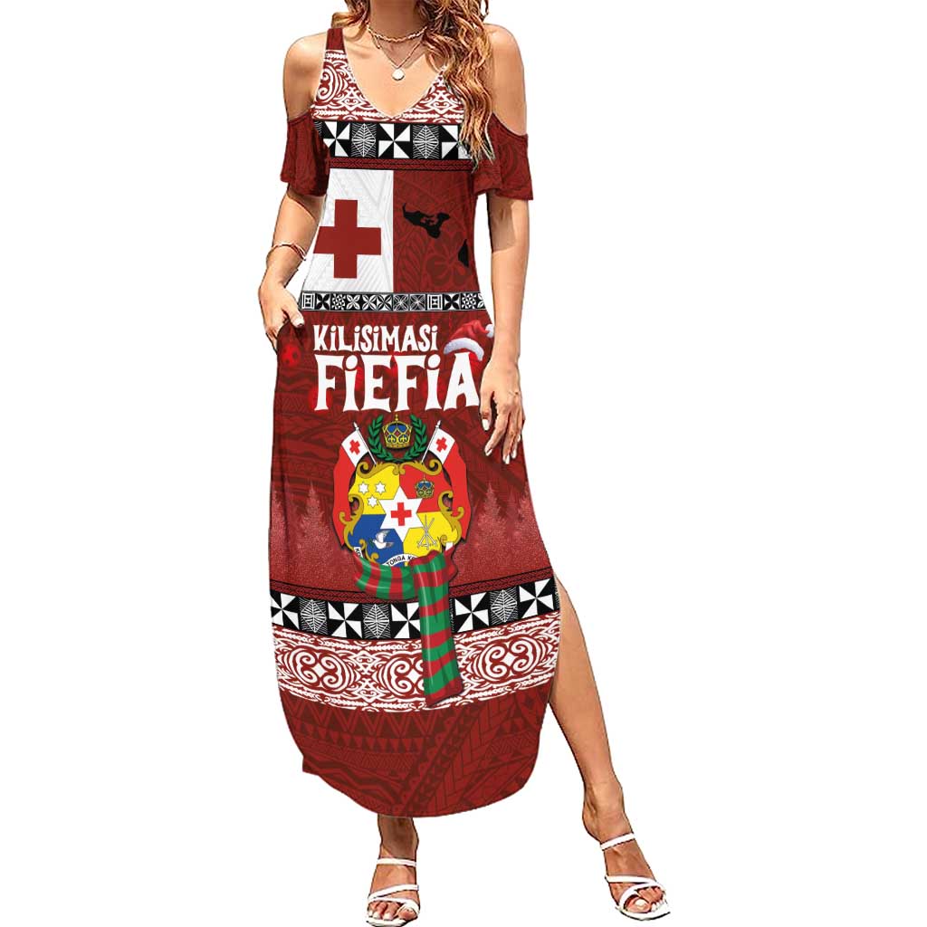 Tongan Christmas Summer Maxi Dress Kilisimasi Fiefia with Ngatu Art Tattoo LT03 Women Red - Polynesian Pride