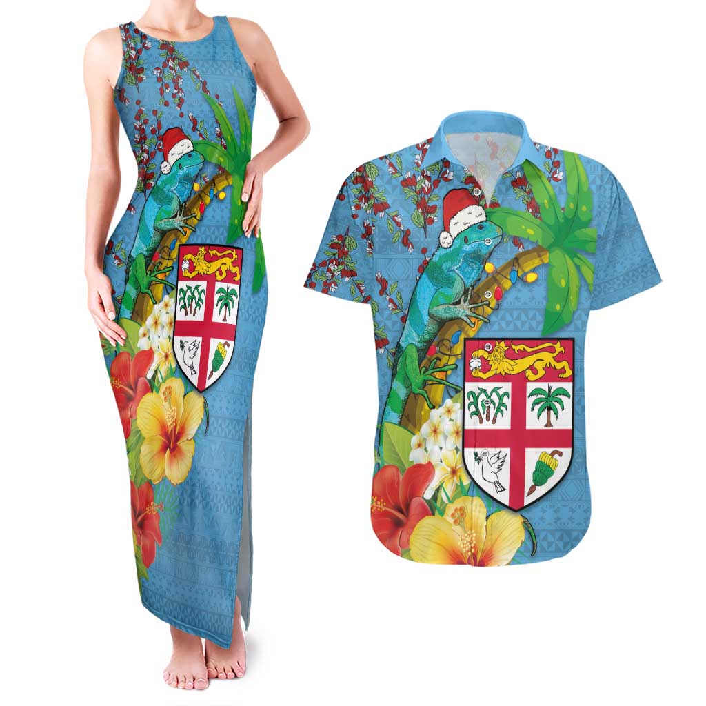 Fijians Iguana Tagimoucia Christmas Couples Matching Tank Maxi Dress and Hawaiian Shirt Christmas Palm Tree and Hibiscus LT03 Blue - Polynesian Pride