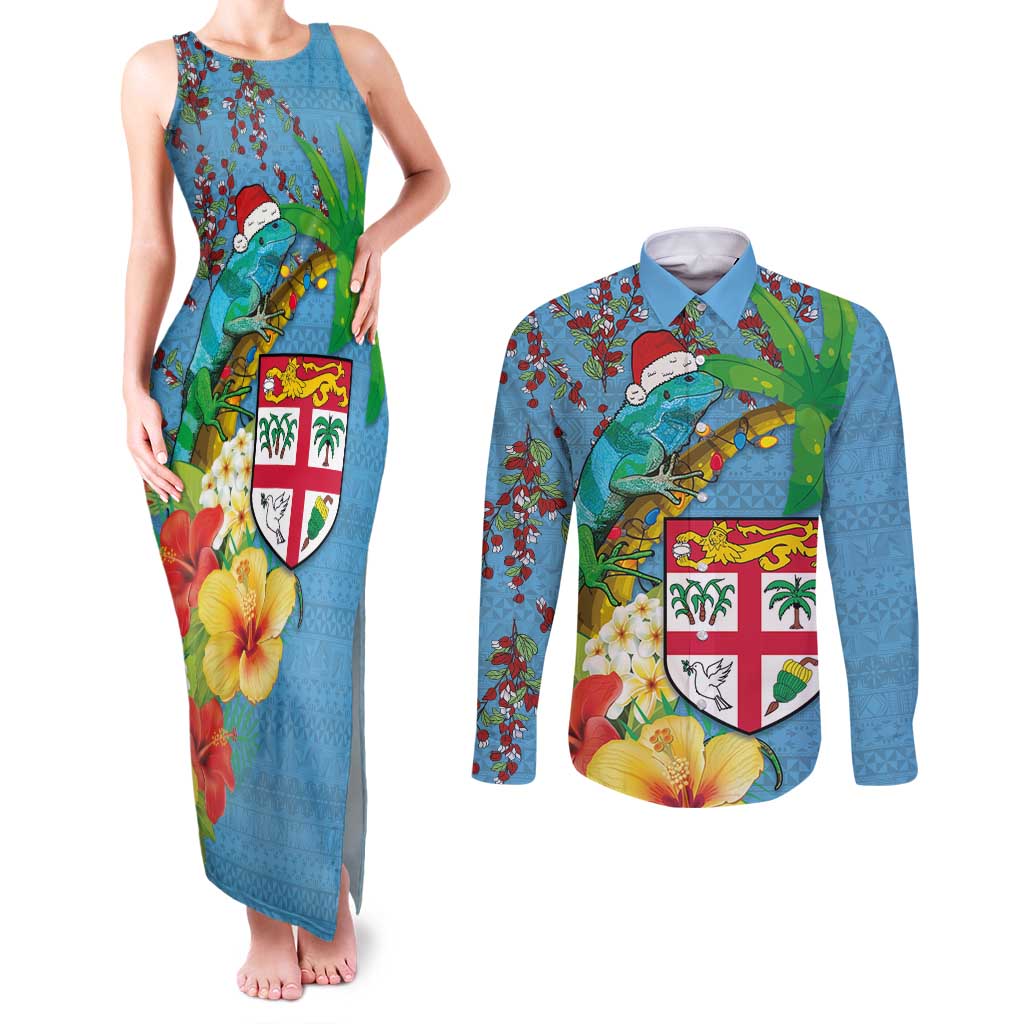 Fijians Iguana Tagimoucia Christmas Couples Matching Tank Maxi Dress and Long Sleeve Button Shirt Christmas Palm Tree and Hibiscus LT03 Blue - Polynesian Pride