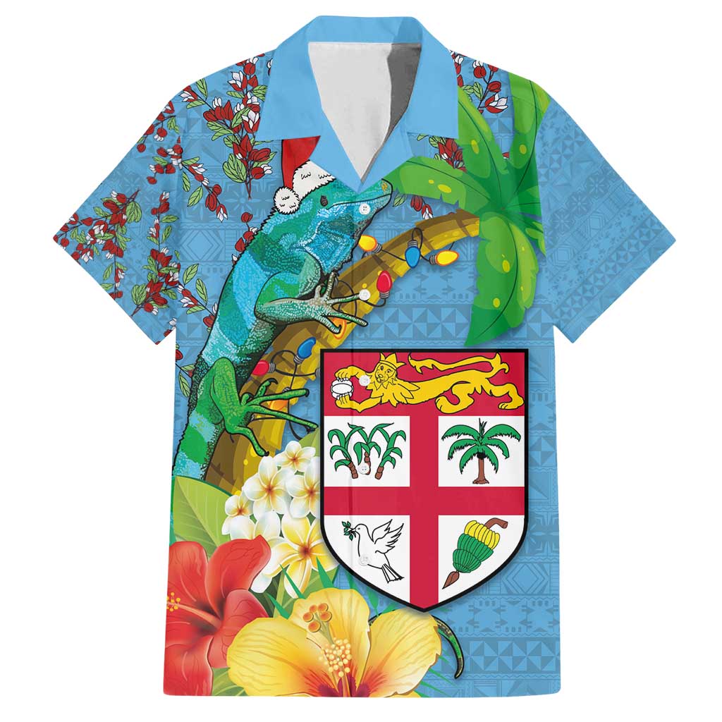 Fijians Iguana Tagimoucia Christmas Family Matching Tank Maxi Dress and Hawaiian Shirt Christmas Palm Tree and Hibiscus LT03 Dad's Shirt - Short Sleeve Blue - Polynesian Pride