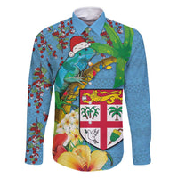 Fijians Iguana Tagimoucia Christmas Family Matching Tank Maxi Dress and Hawaiian Shirt Christmas Palm Tree and Hibiscus LT03 Dad's Shirt - Long Sleeve Blue - Polynesian Pride