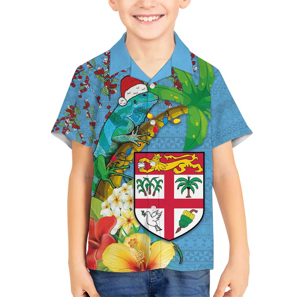 Fijians Iguana Tagimoucia Christmas Family Matching Tank Maxi Dress and Hawaiian Shirt Christmas Palm Tree and Hibiscus LT03 Son's Shirt Blue - Polynesian Pride