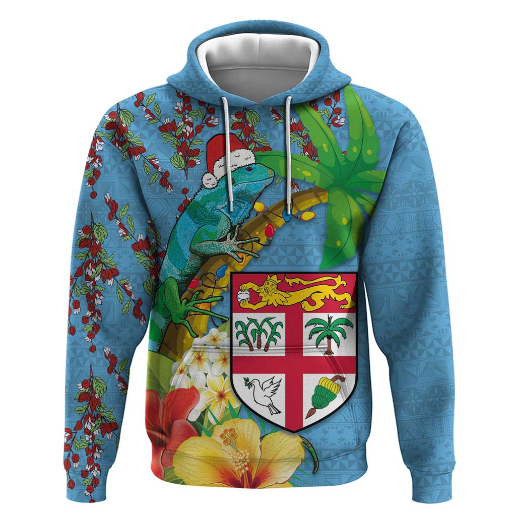 Fijians Iguana Tagimoucia Christmas Hoodie Christmas Palm Tree and Hibiscus LT03 Pullover Hoodie Blue - Polynesian Pride