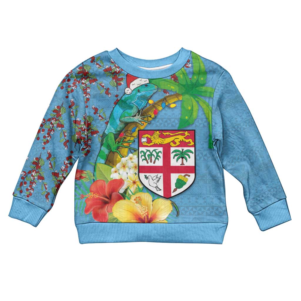 Fijians Iguana Tagimoucia Christmas Kid Ugly Christmas Sweater Christmas Palm Tree and Hibiscus LT03 Kid Blue - Polynesian Pride
