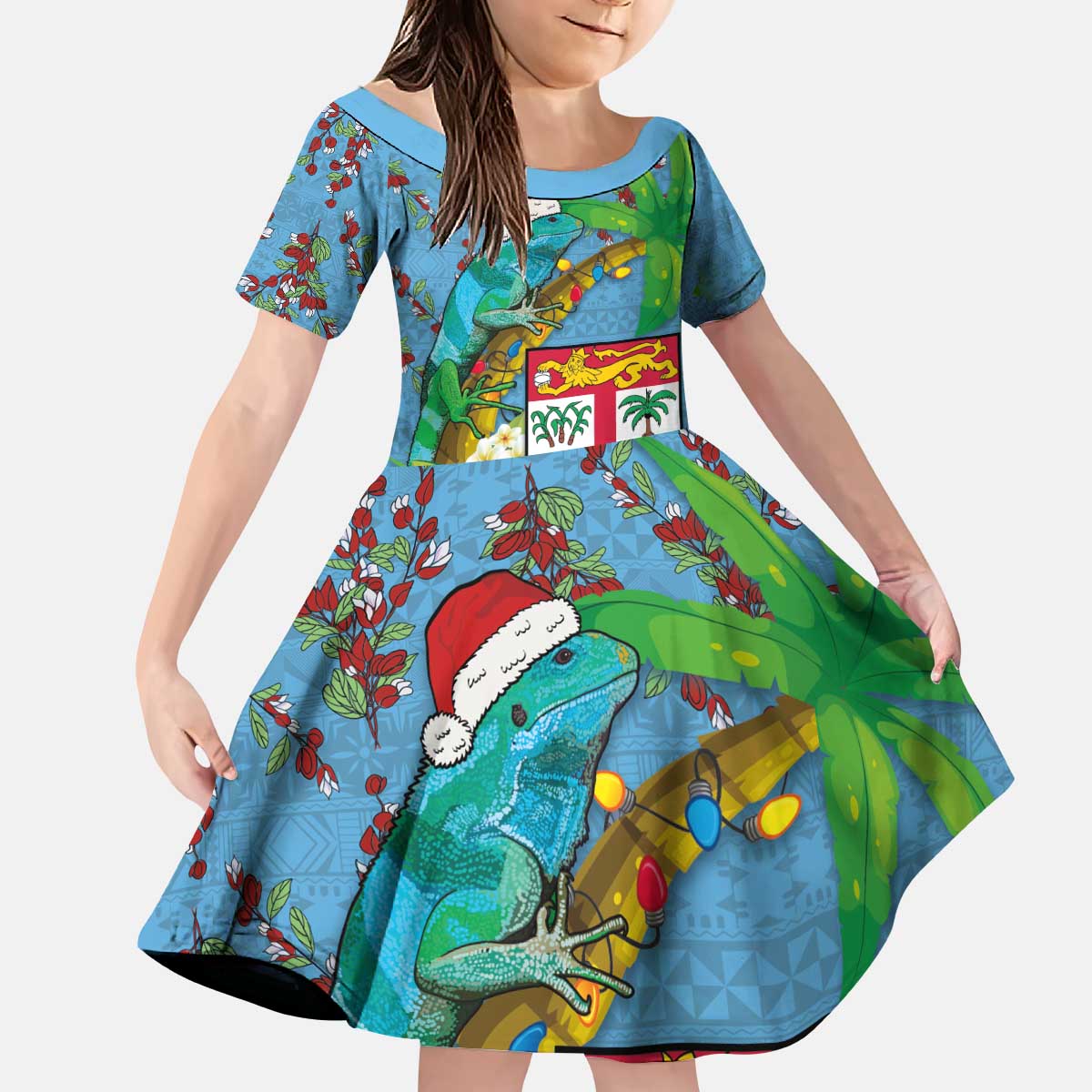 Fijians Iguana Tagimoucia Christmas Kid Short Sleeve Dress Christmas Palm Tree and Hibiscus LT03 KID Blue - Polynesian Pride