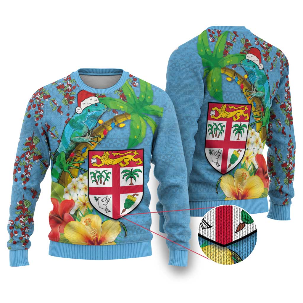 Fijians Iguana Tagimoucia Christmas Ugly Christmas Sweater Christmas Palm Tree and Hibiscus LT03 Blue - Polynesian Pride