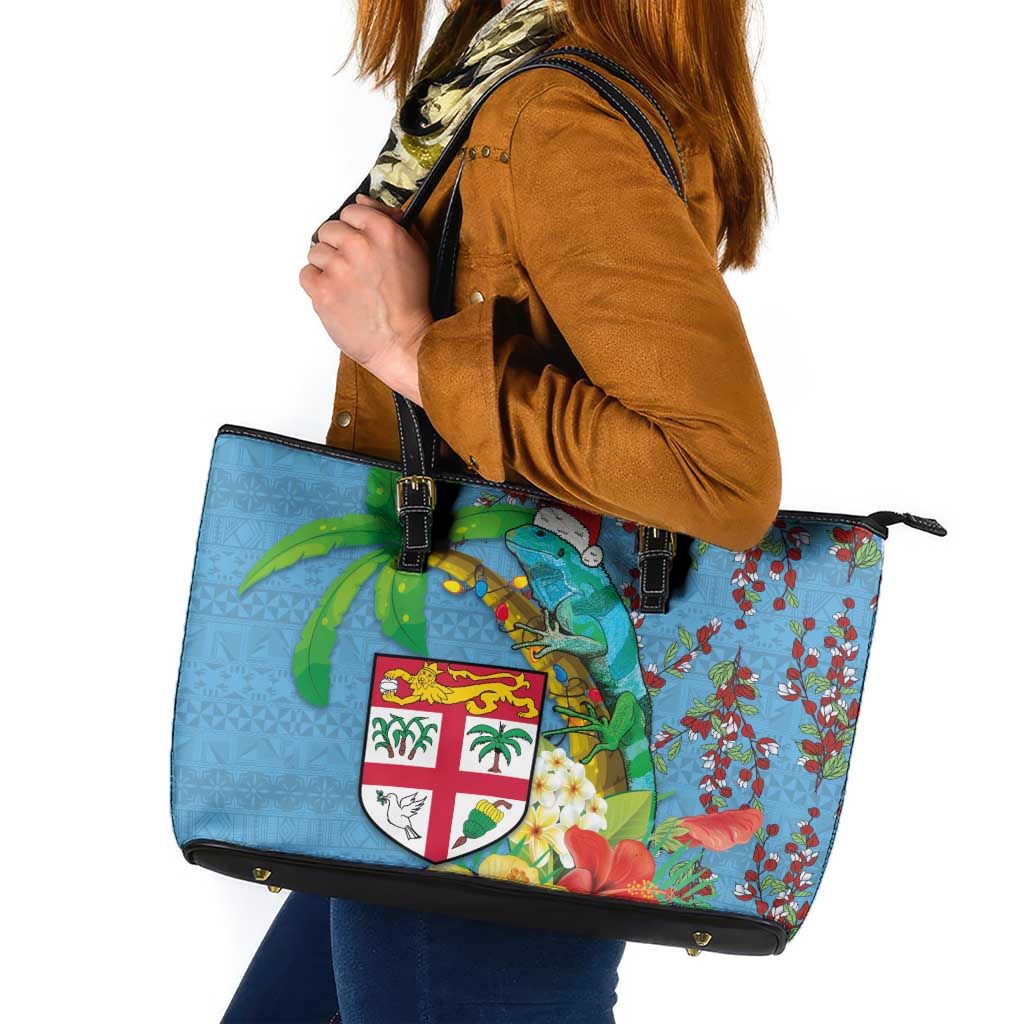 Fijians Iguana Tagimoucia Christmas Leather Tote Bag Christmas Palm Tree and Hibiscus LT03 Blue - Polynesian Pride