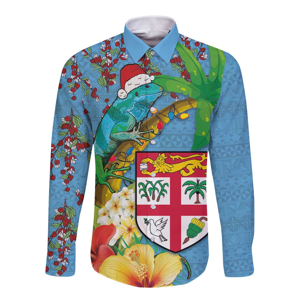 Fijians Iguana Tagimoucia Christmas Long Sleeve Button Shirt Christmas Palm Tree and Hibiscus LT03 Unisex Blue - Polynesian Pride