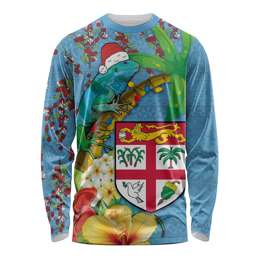 Fijians Iguana Tagimoucia Christmas Long Sleeve Shirt Christmas Palm Tree and Hibiscus LT03 Unisex Blue - Polynesian Pride