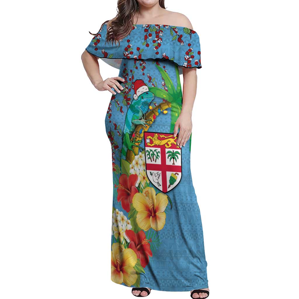 Fijians Iguana Tagimoucia Christmas Off Shoulder Maxi Dress Christmas Palm Tree and Hibiscus LT03 Women Blue - Polynesian Pride