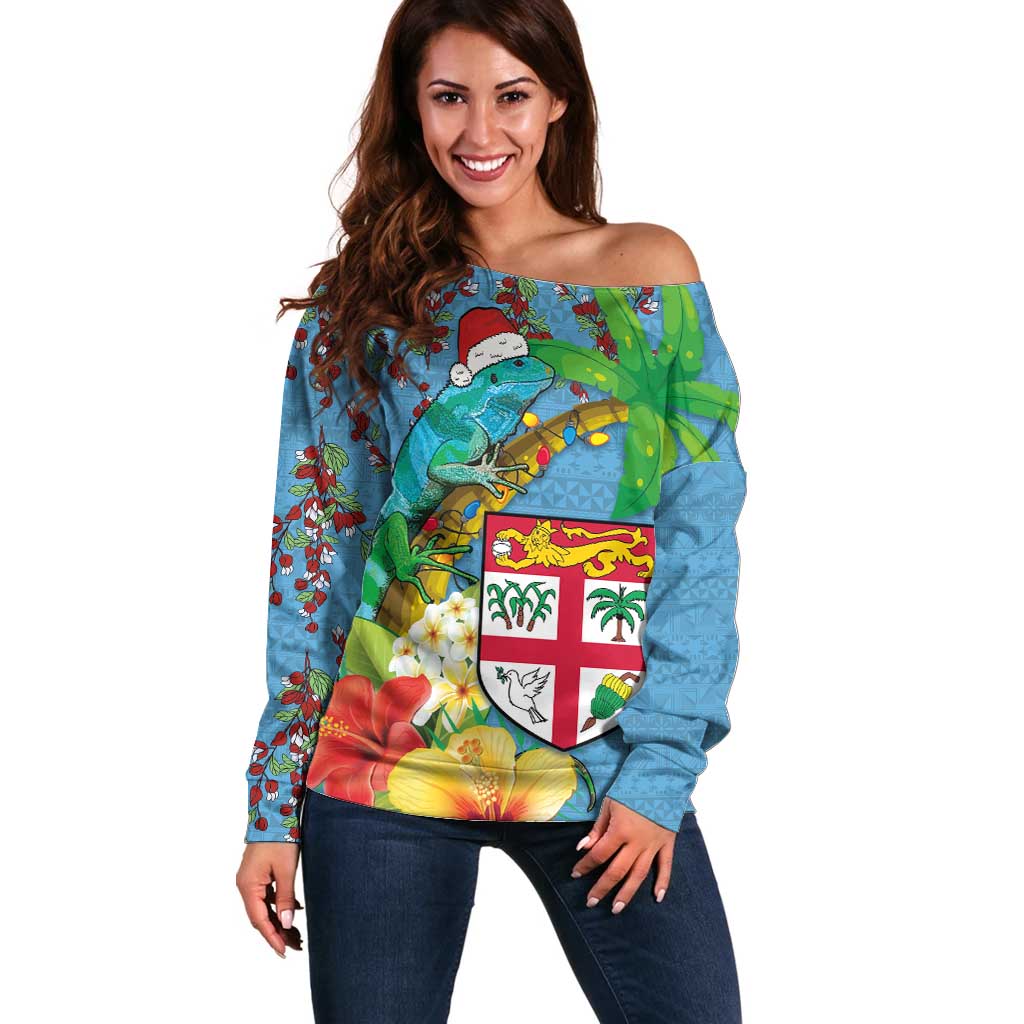 Fijians Iguana Tagimoucia Christmas Off Shoulder Sweater Christmas Palm Tree and Hibiscus LT03 Women Blue - Polynesian Pride