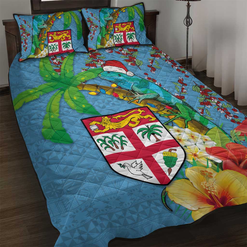 Fijians Iguana Tagimoucia Christmas Quilt Bed Set Christmas Palm Tree and Hibiscus LT03 Blue - Polynesian Pride