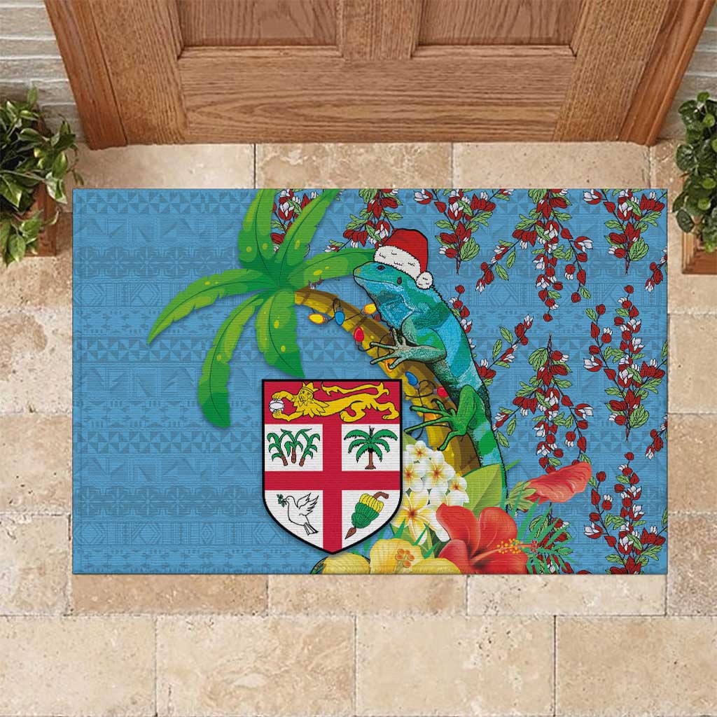 Fijians Iguana Tagimoucia Christmas Rubber Doormat Christmas Palm Tree and Hibiscus LT03 Blue - Polynesian Pride