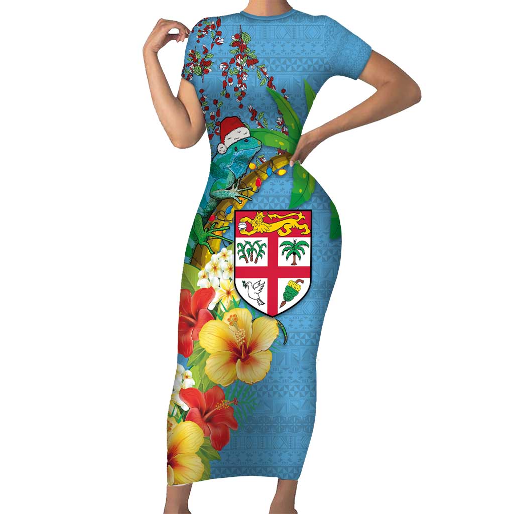 Fijians Iguana Tagimoucia Christmas Short Sleeve Bodycon Dress Christmas Palm Tree and Hibiscus LT03 Long Dress Blue - Polynesian Pride