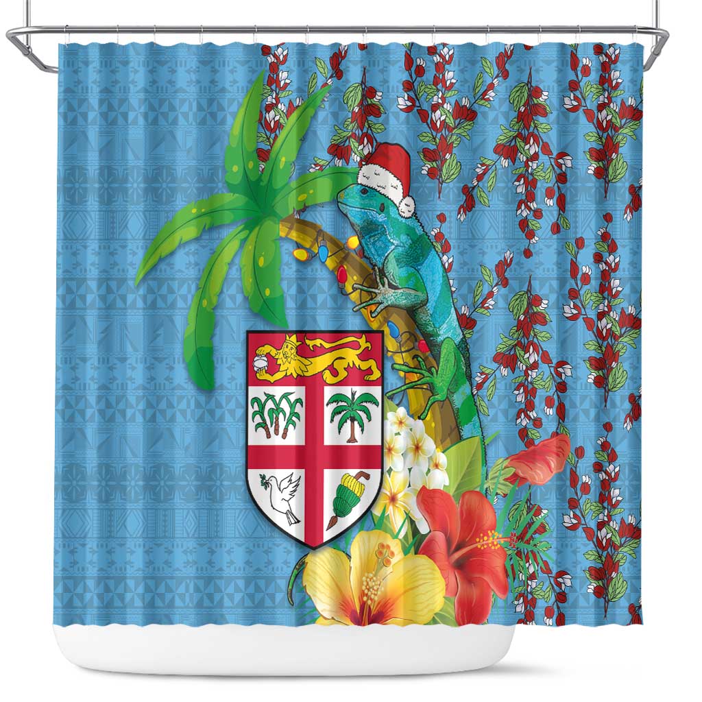 Fijians Iguana Tagimoucia Christmas Shower Curtain Christmas Palm Tree and Hibiscus LT03 Blue - Polynesian Pride