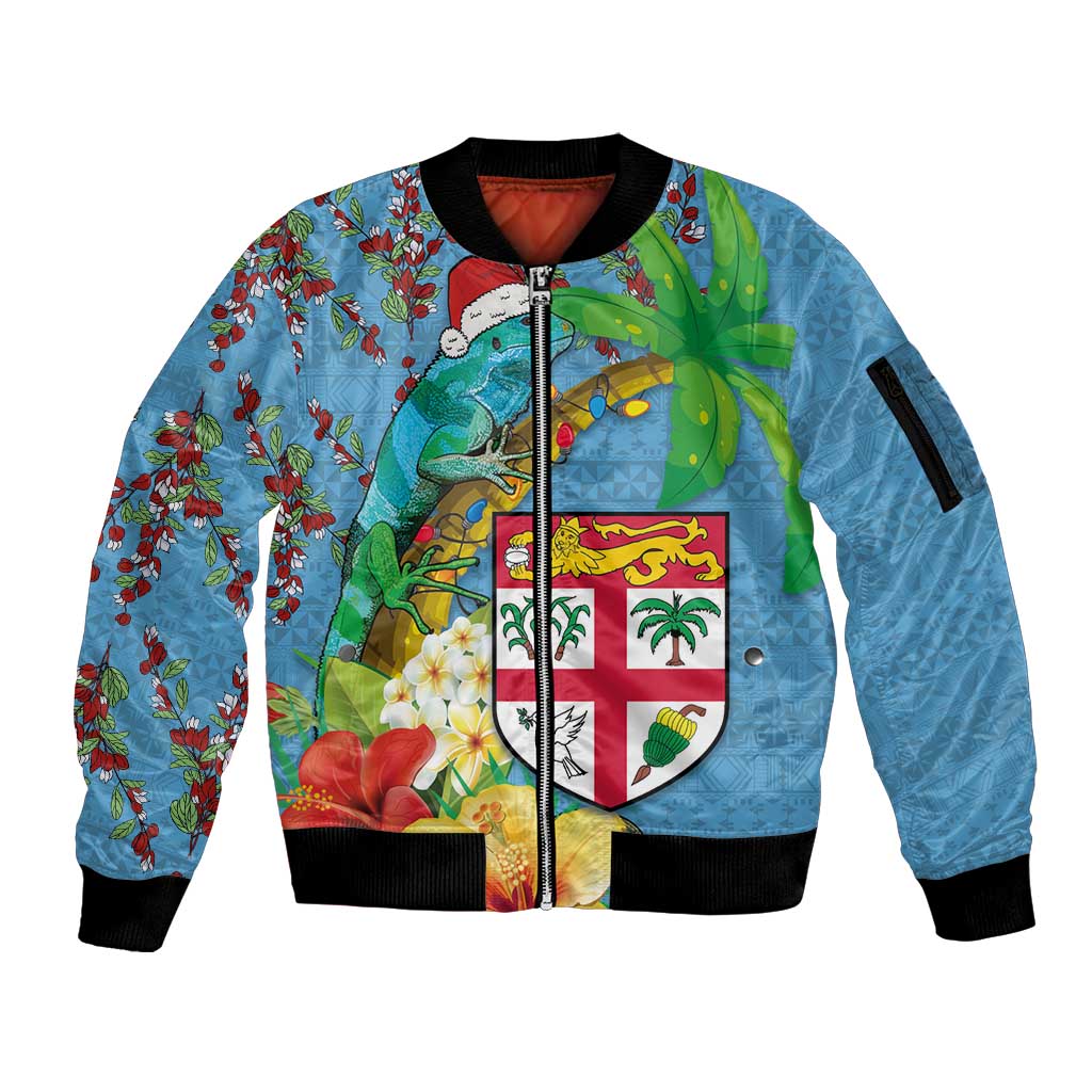 Fijians Iguana Tagimoucia Christmas Sleeve Zip Bomber Jacket Christmas Palm Tree and Hibiscus LT03 Unisex Blue - Polynesian Pride