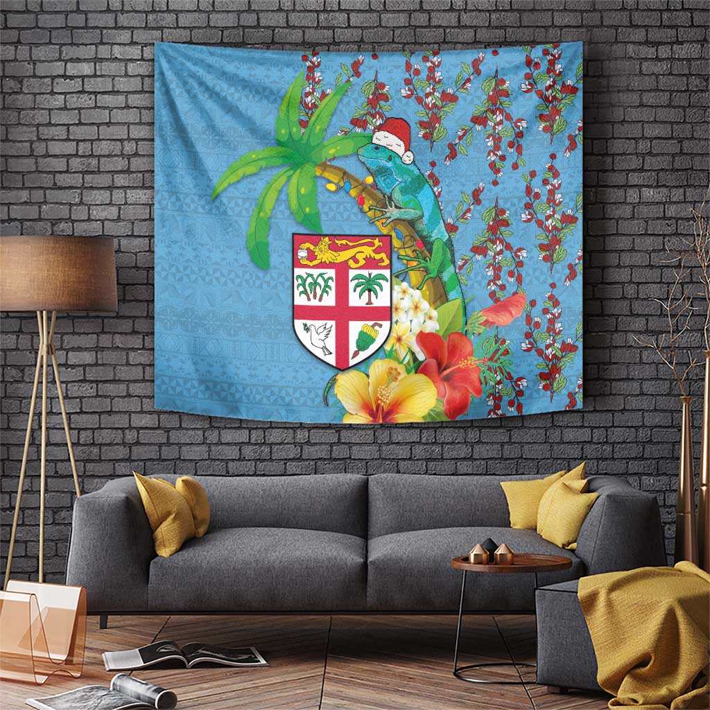 Fijians Iguana Tagimoucia Christmas Tapestry Christmas Palm Tree and Hibiscus LT03 Blue - Polynesian Pride