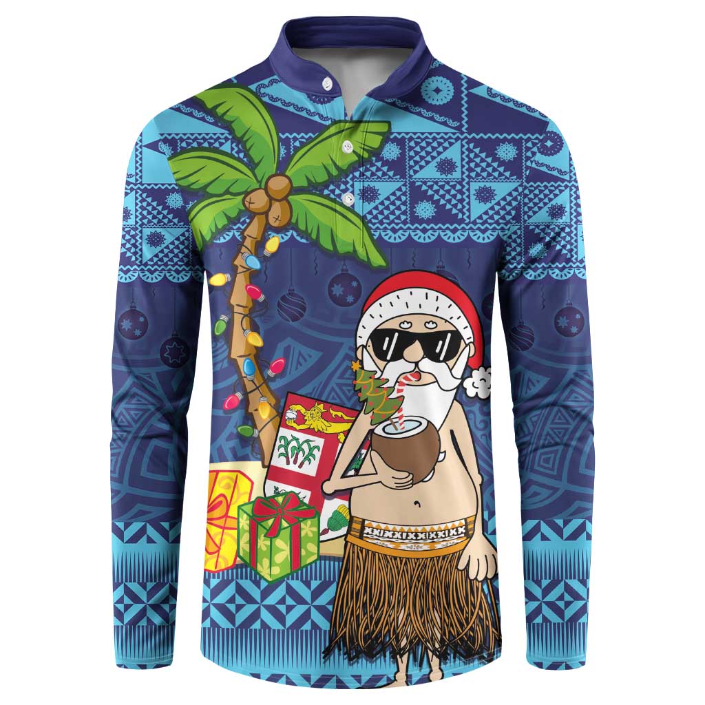 The Funny Santa Wears Sulu Christmas Button Sweatshirt Fijian Christmas Palm Tree With Masi Art Tattoo LT03 Blue - Polynesian Pride