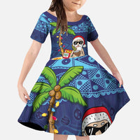 The Funny Santa Wears Sulu Christmas Family Matching Tank Maxi Dress and Hawaiian Shirt Fijian Christmas Palm Tree With Masi Art Tattoo LT03 Daughter's Dress Blue - Polynesian Pride