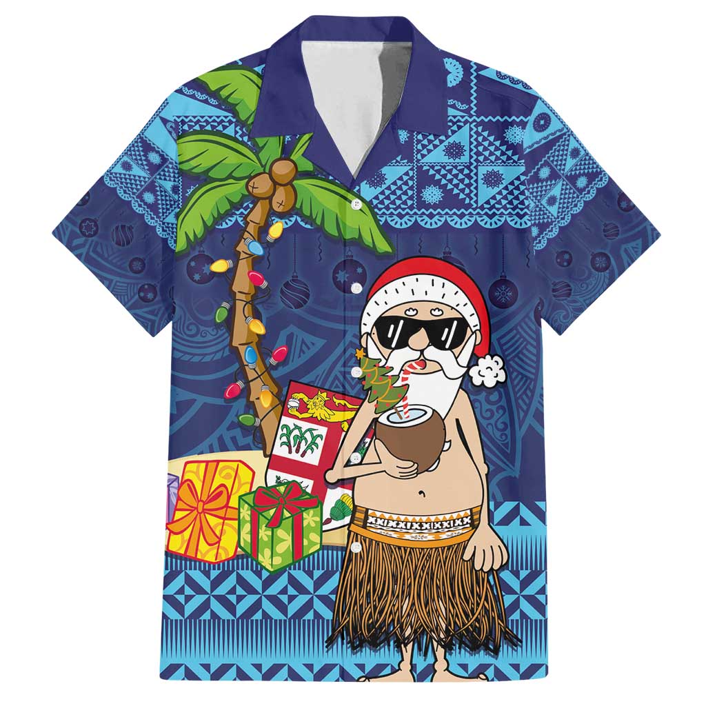The Funny Santa Wears Sulu Christmas Family Matching Tank Maxi Dress and Hawaiian Shirt Fijian Christmas Palm Tree With Masi Art Tattoo LT03 Dad's Shirt - Short Sleeve Blue - Polynesian Pride