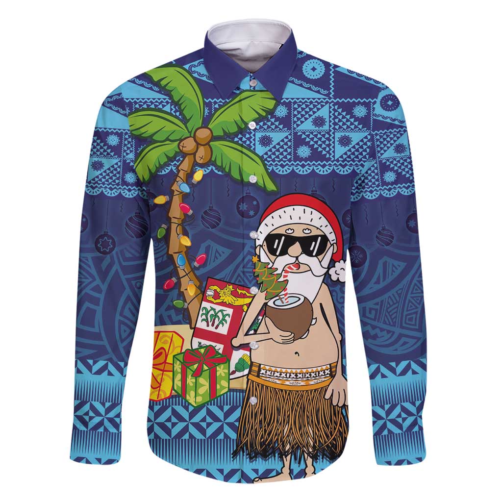 The Funny Santa Wears Sulu Christmas Family Matching Tank Maxi Dress and Hawaiian Shirt Fijian Christmas Palm Tree With Masi Art Tattoo LT03 Dad's Shirt - Long Sleeve Blue - Polynesian Pride