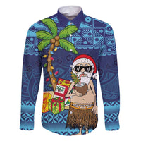 The Funny Santa Wears Sulu Christmas Family Matching Tank Maxi Dress and Hawaiian Shirt Fijian Christmas Palm Tree With Masi Art Tattoo LT03 Dad's Shirt - Long Sleeve Blue - Polynesian Pride