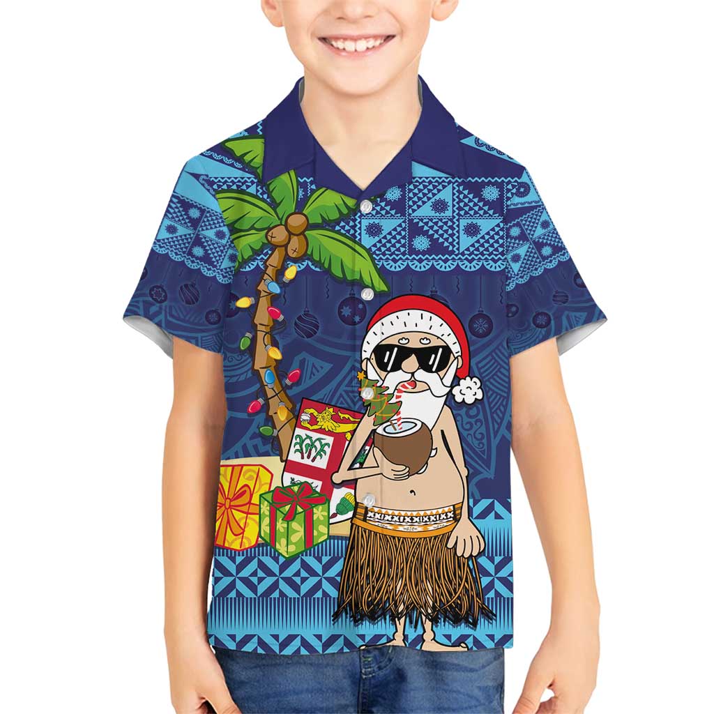 The Funny Santa Wears Sulu Christmas Family Matching Tank Maxi Dress and Hawaiian Shirt Fijian Christmas Palm Tree With Masi Art Tattoo LT03 Son's Shirt Blue - Polynesian Pride