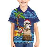 The Funny Santa Wears Sulu Christmas Family Matching Tank Maxi Dress and Hawaiian Shirt Fijian Christmas Palm Tree With Masi Art Tattoo LT03 Son's Shirt Blue - Polynesian Pride