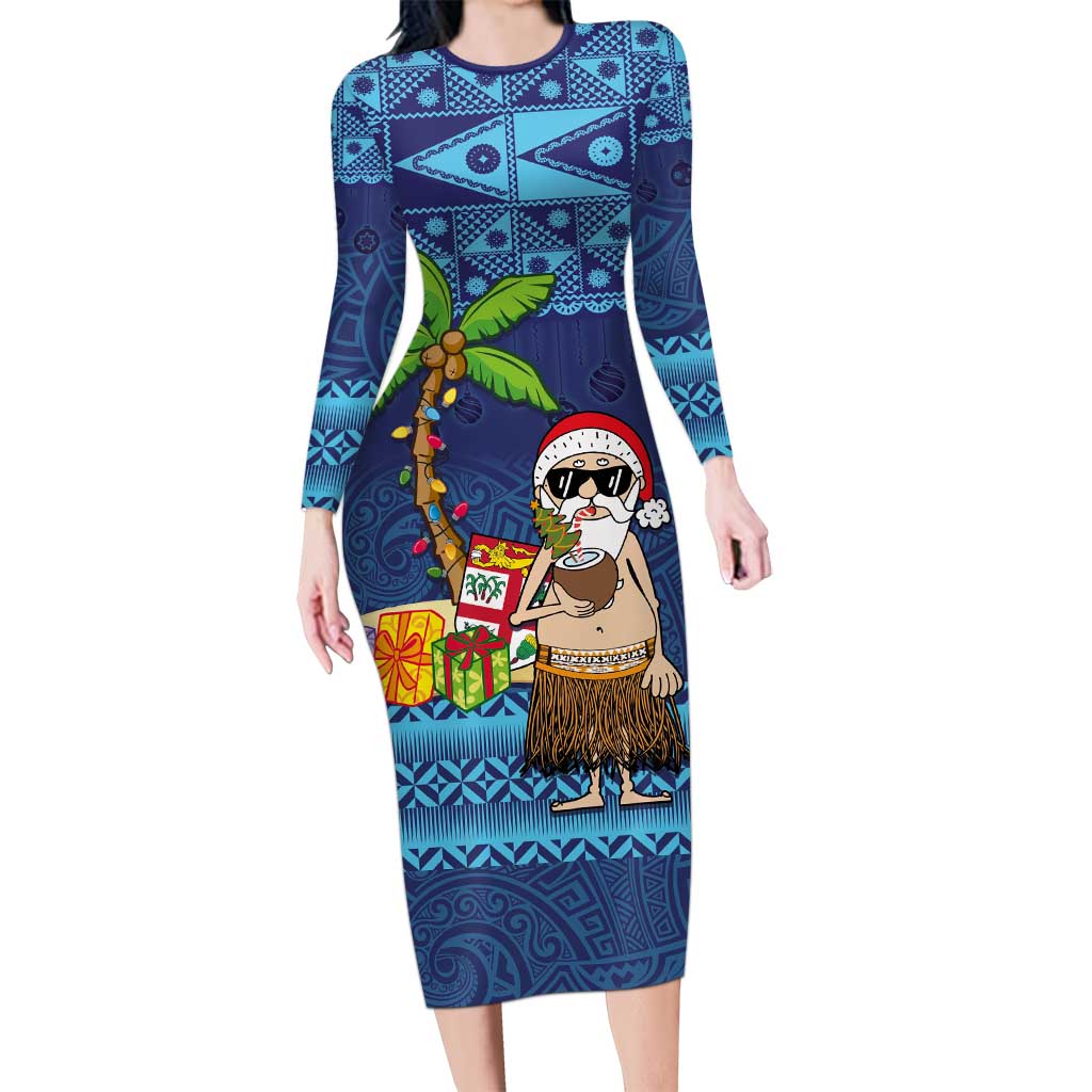 The Funny Santa Wears Sulu Christmas Long Sleeve Bodycon Dress Fijian Christmas Palm Tree With Masi Art Tattoo LT03 Long Dress Blue - Polynesian Pride