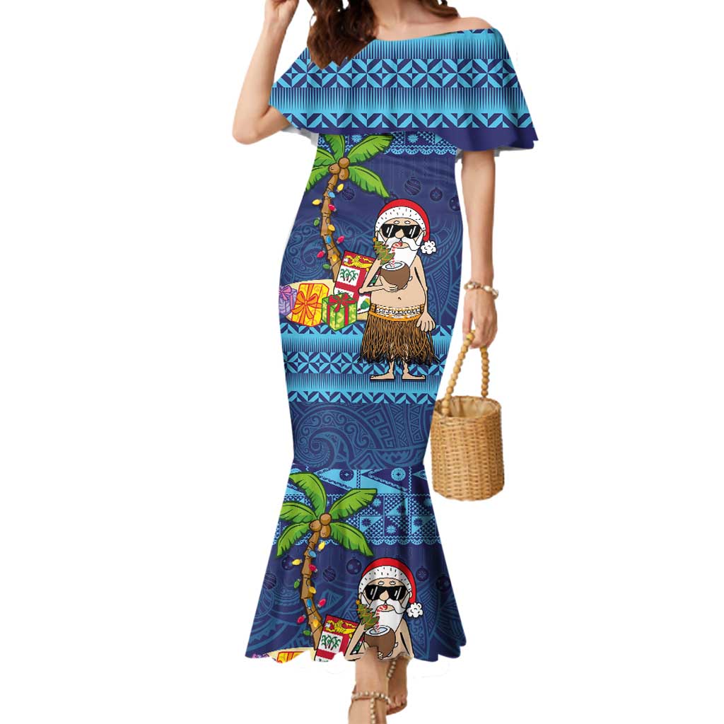 The Funny Santa Wears Sulu Christmas Mermaid Dress Fijian Christmas Palm Tree With Masi Art Tattoo LT03 Women Blue - Polynesian Pride