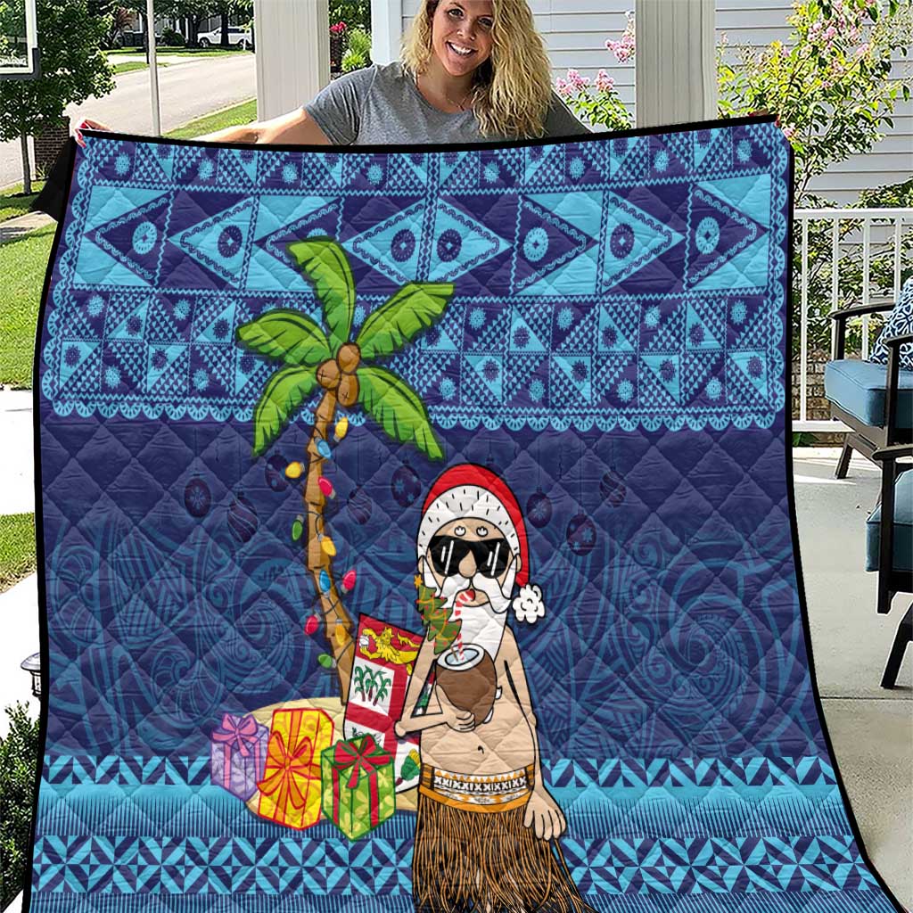 The Funny Santa Wears Sulu Christmas Quilt Fijian Christmas Palm Tree With Masi Art Tattoo LT03 Blue - Polynesian Pride