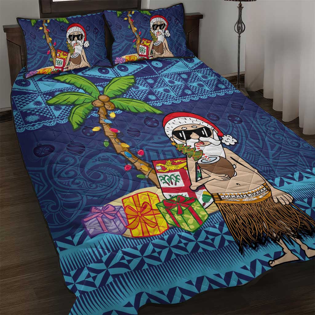 The Funny Santa Wears Sulu Christmas Quilt Bed Set Fijian Christmas Palm Tree With Masi Art Tattoo LT03 Blue - Polynesian Pride