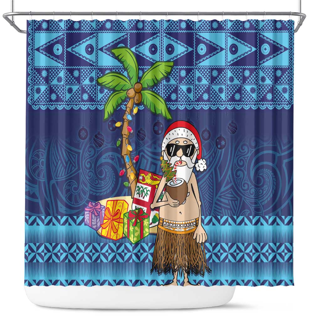 The Funny Santa Wears Sulu Christmas Shower Curtain Fijian Christmas Palm Tree With Masi Art Tattoo LT03 Blue - Polynesian Pride