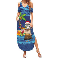 The Funny Santa Wears Sulu Christmas Summer Maxi Dress Fijian Christmas Palm Tree With Masi Art Tattoo LT03 Women Blue - Polynesian Pride