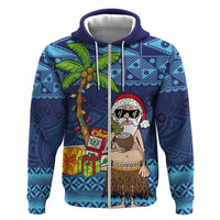 The Funny Santa Wears Sulu Christmas Zip Hoodie Fijian Christmas Palm Tree With Masi Art Tattoo LT03 Zip Hoodie Blue - Polynesian Pride
