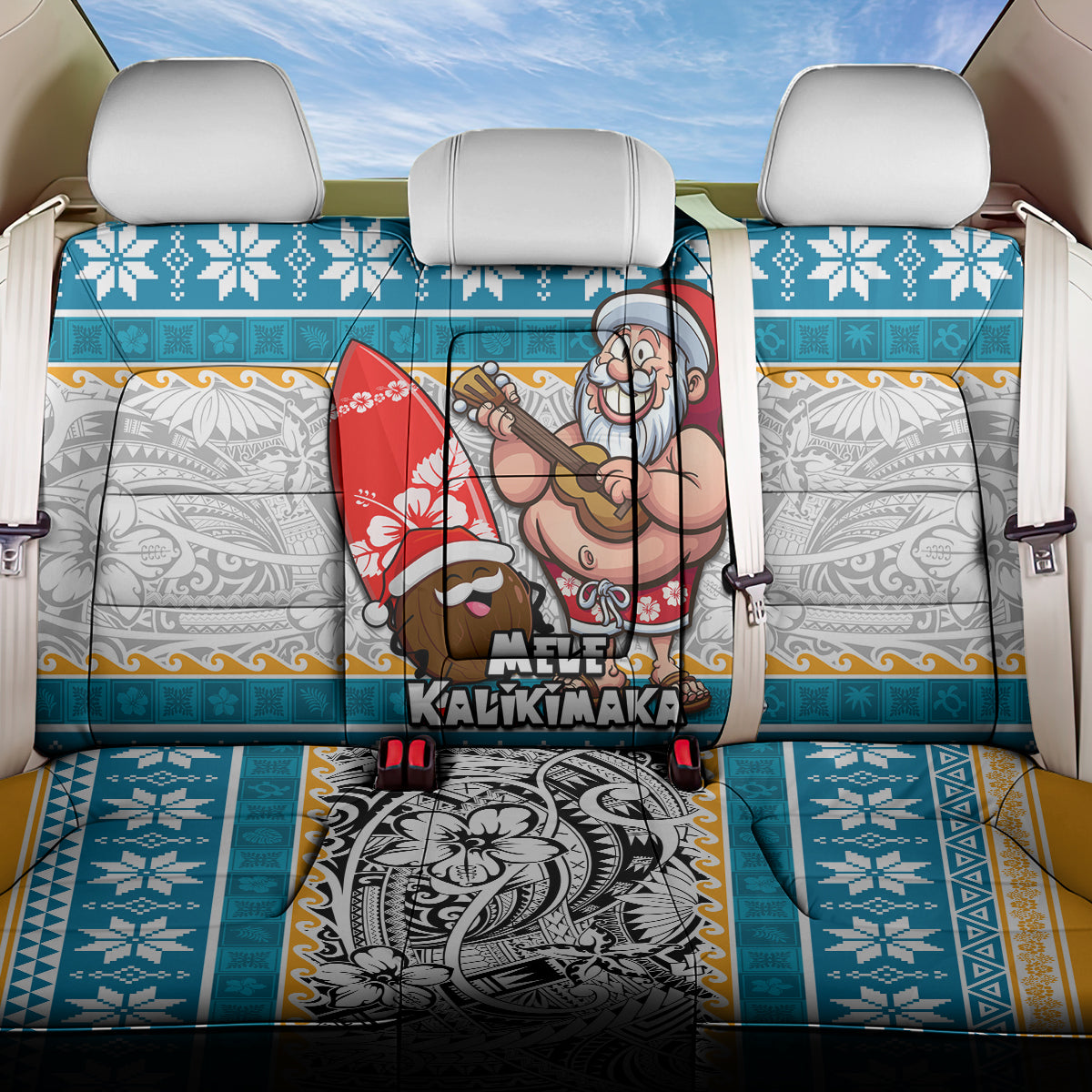 Hawaii Mele Kalikimaka Back Car Seat Cover Funny Santa and Coconut Mix Kakau Pattern LT03 One Size Blue - Polynesian Pride