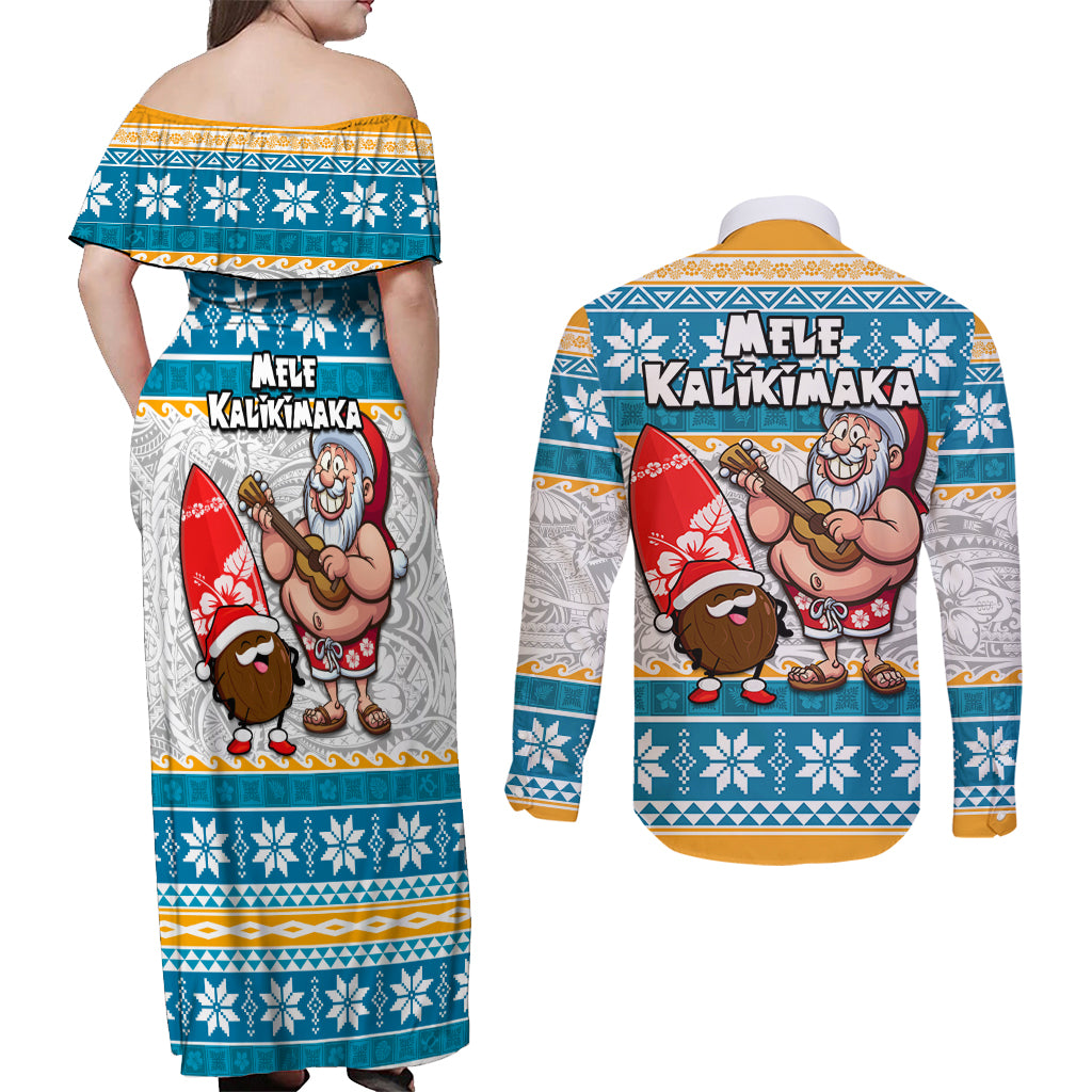 Hawaii Mele Kalikimaka Couples Matching Off Shoulder Maxi Dress and Long Sleeve Button Shirt Funny Santa and Coconut Mix Kakau Pattern LT03 - Polynesian Pride