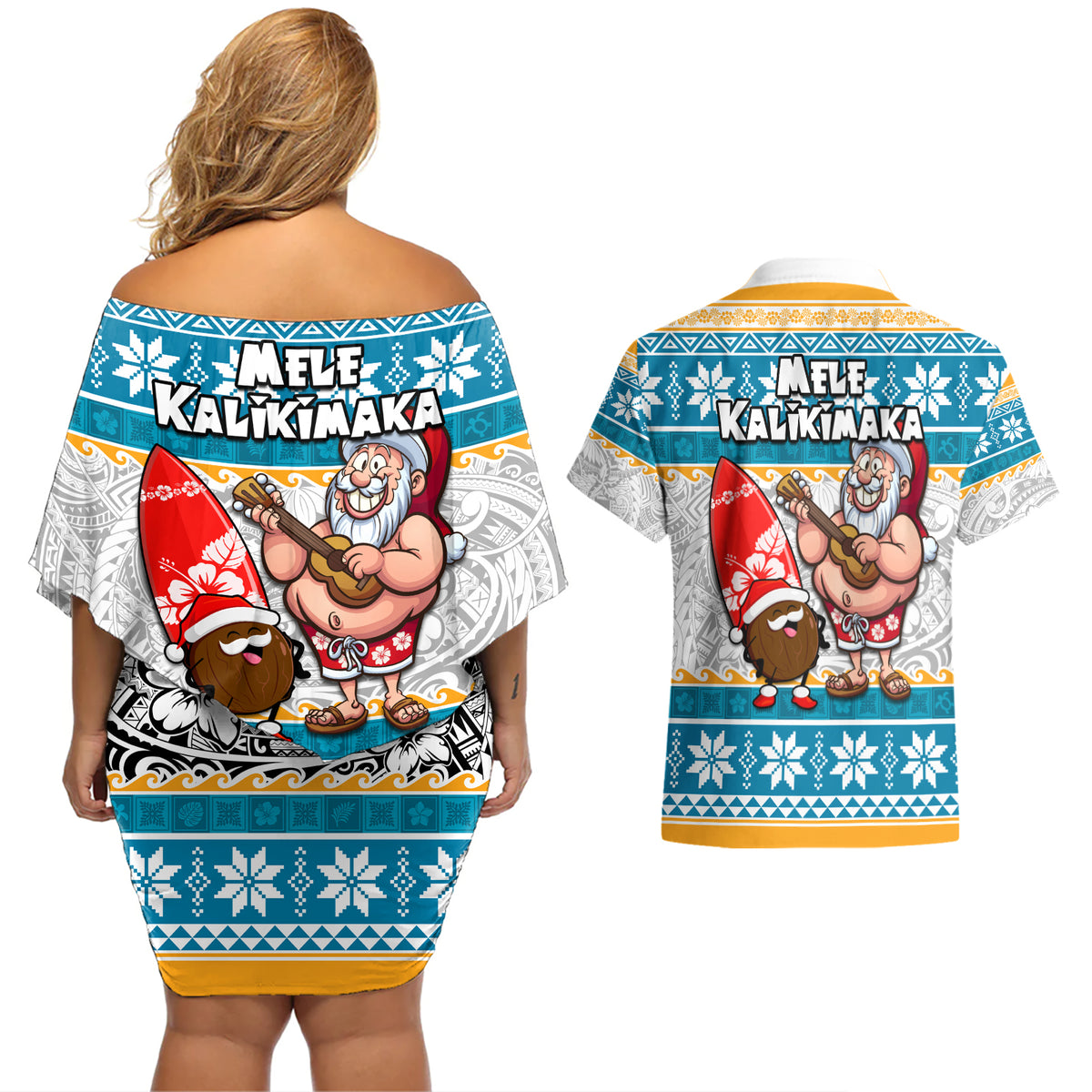 Hawaii Mele Kalikimaka Couples Matching Off Shoulder Short Dress and Hawaiian Shirt Funny Santa and Coconut Mix Kakau Pattern LT03 - Polynesian Pride