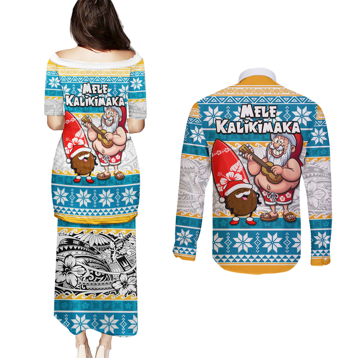 Hawaii Mele Kalikimaka Couples Matching Puletasi Dress and Long Sleeve Button Shirt Funny Santa and Coconut Mix Kakau Pattern LT03 - Polynesian Pride