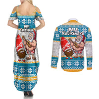 Hawaii Mele Kalikimaka Couples Matching Summer Maxi Dress and Long Sleeve Button Shirt Funny Santa and Coconut Mix Kakau Pattern LT03 - Polynesian Pride